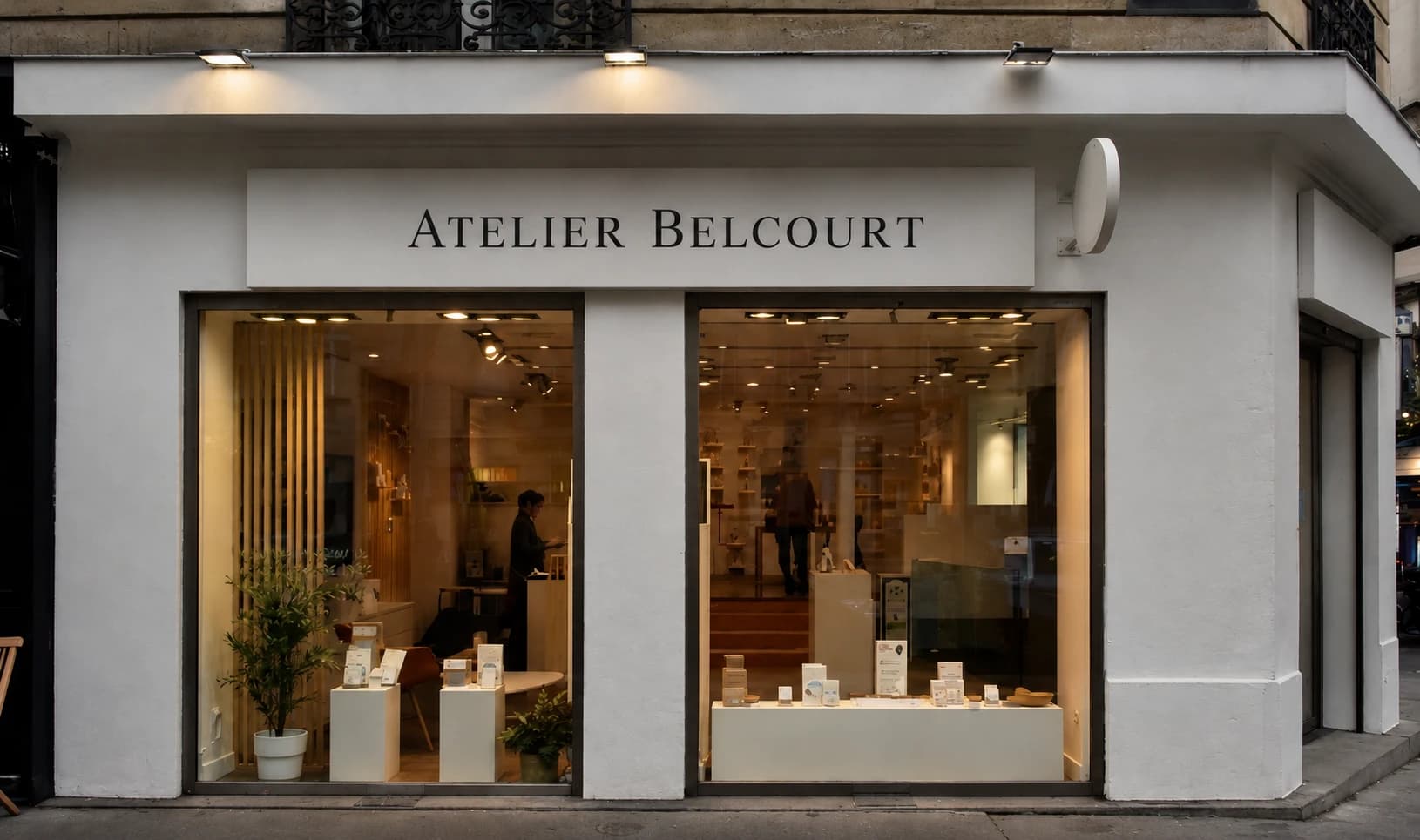 Façade blanche de la boutique Atelier Belcourt, vitrines éclairées à la tombée du jour