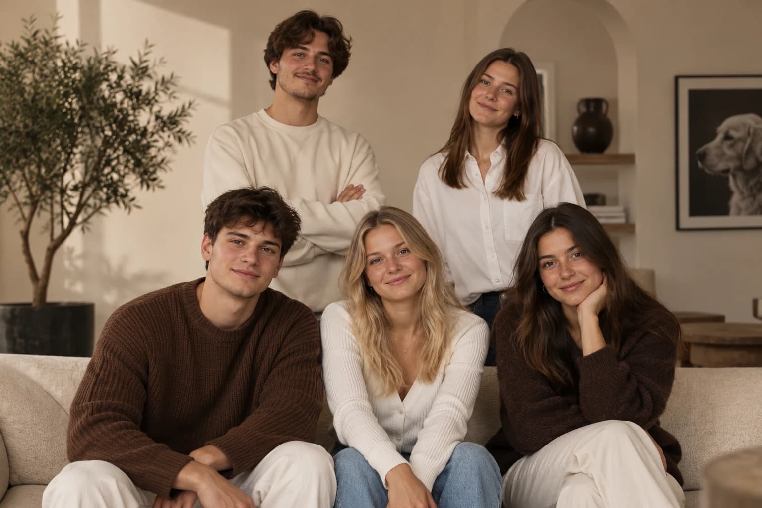 Cinq jeunes adultes souriants réunis dans un salon chaleureux